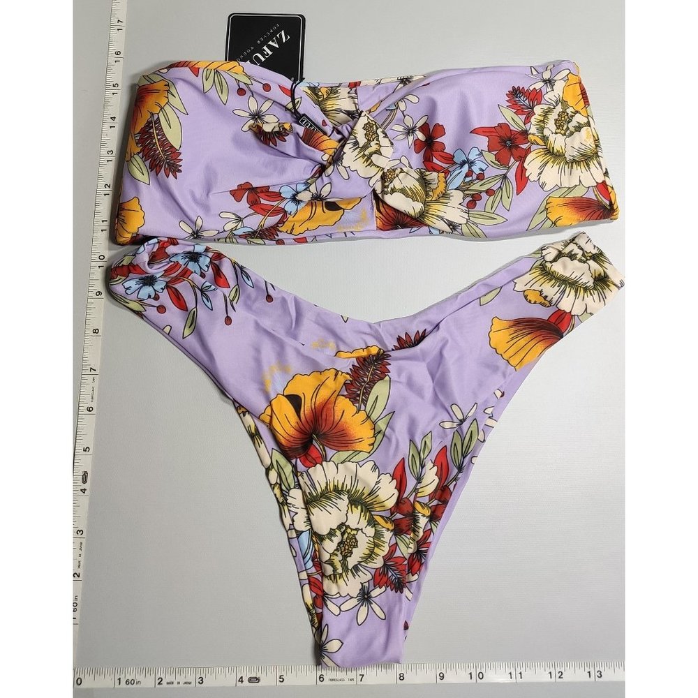 NWT ZAFUL Medium Front Tie Bandeau Purple Floral print bikini set